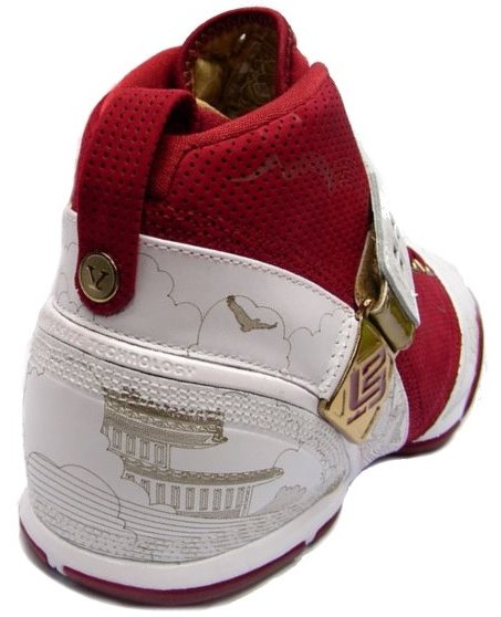 Lebron James Shoes: Nike Lebron V (5) Basketball Signature Sneakers - Red, white and gold, China edition, back view.