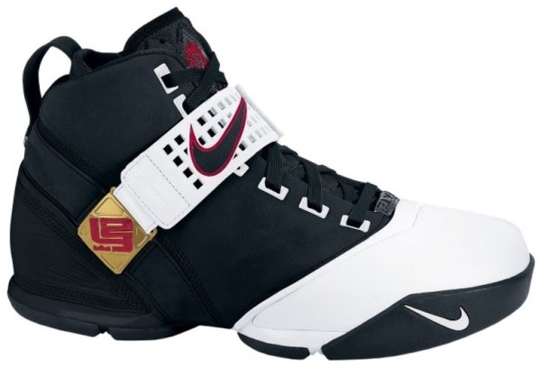 Lebron James Shoes: Nike Lebron V (5) Basketball Signature Sneakers - Black, white and red, side view